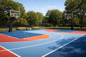 Construire un terrain basket extérieur avec revêtement Tarkett et paniers Spalding pour club amateur