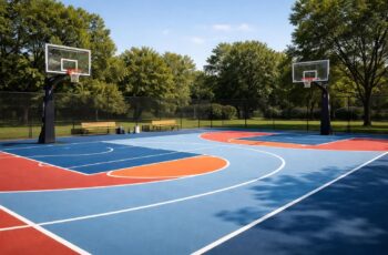 Construire un terrain basket extérieur avec revêtement Tarkett et paniers Spalding pour club amateur