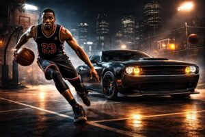 Le basket et automobile avec partenariats NBA et Dodge Challenger SRT Hellcat