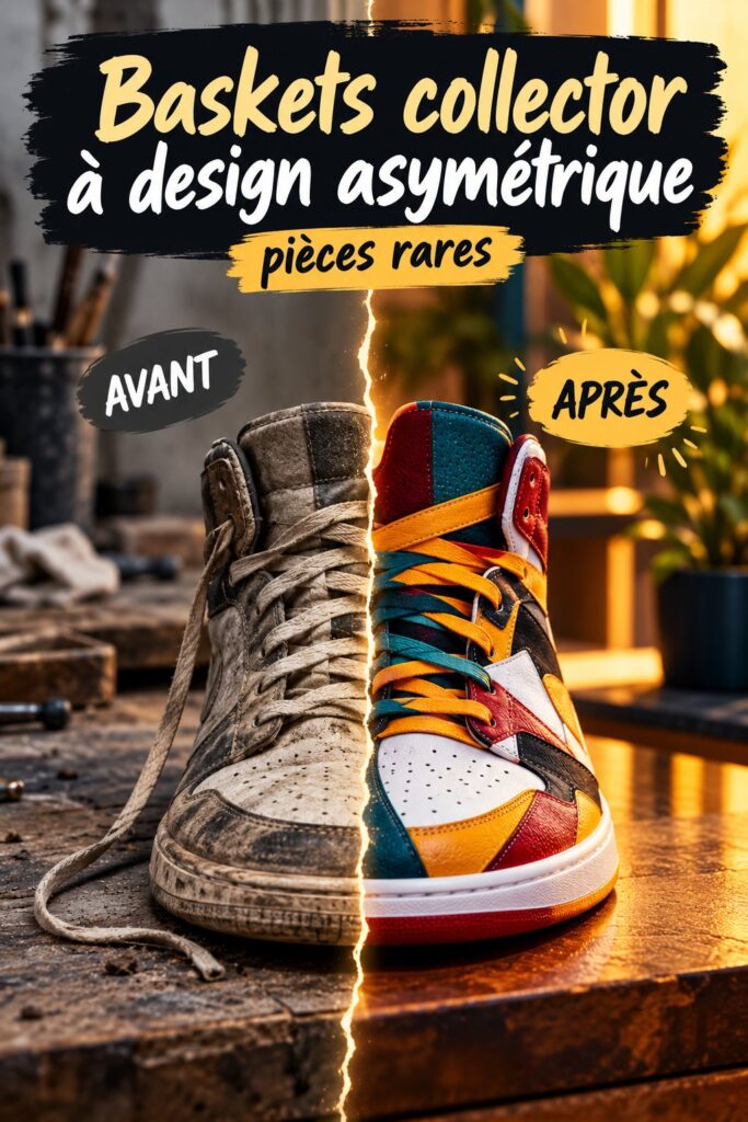 Baskets collector avec design asymétrique, illustrant une paire unique sur fond coloré
