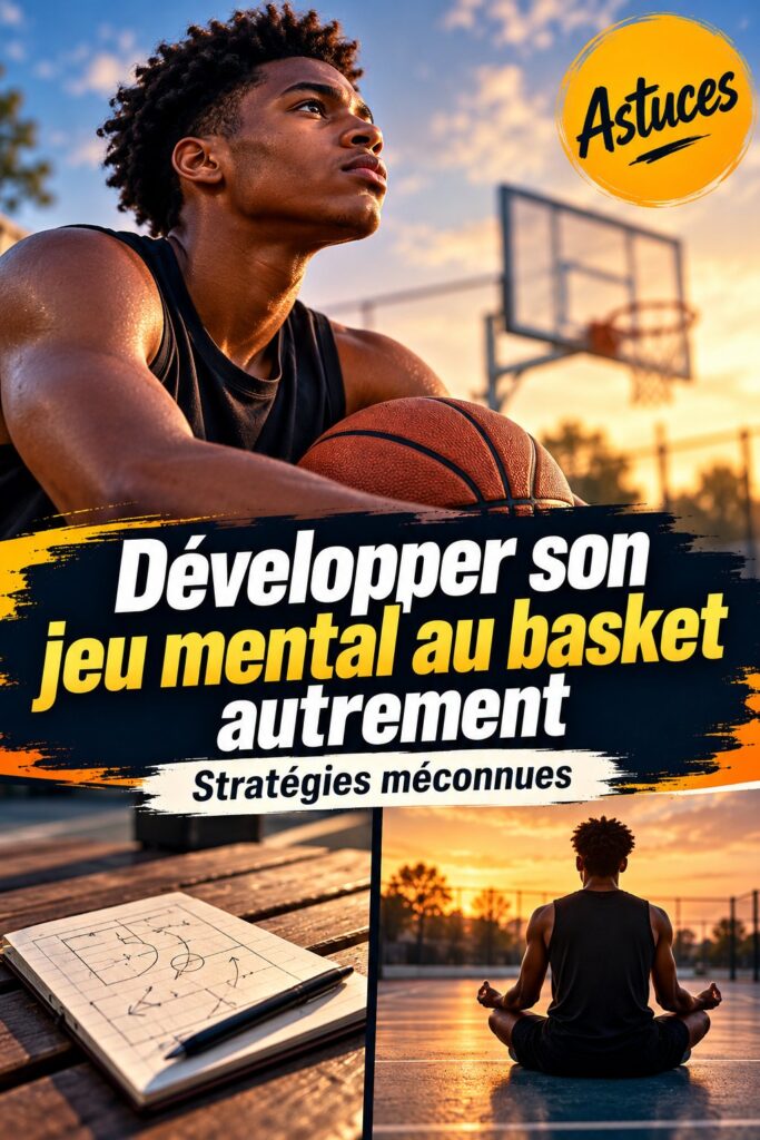 Un joueur de basket en pleine session de visualisation mentale, concentré sur son jeu.