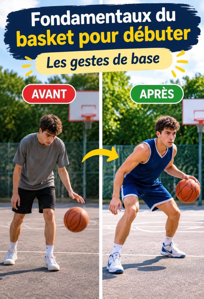 Joueur de basket exécutant un mouvement de dribble fondamental sur le terrain.