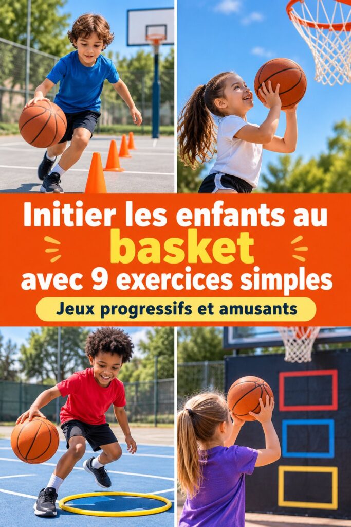 Un enfant s'initie au basket sur un terrain avec un ballon