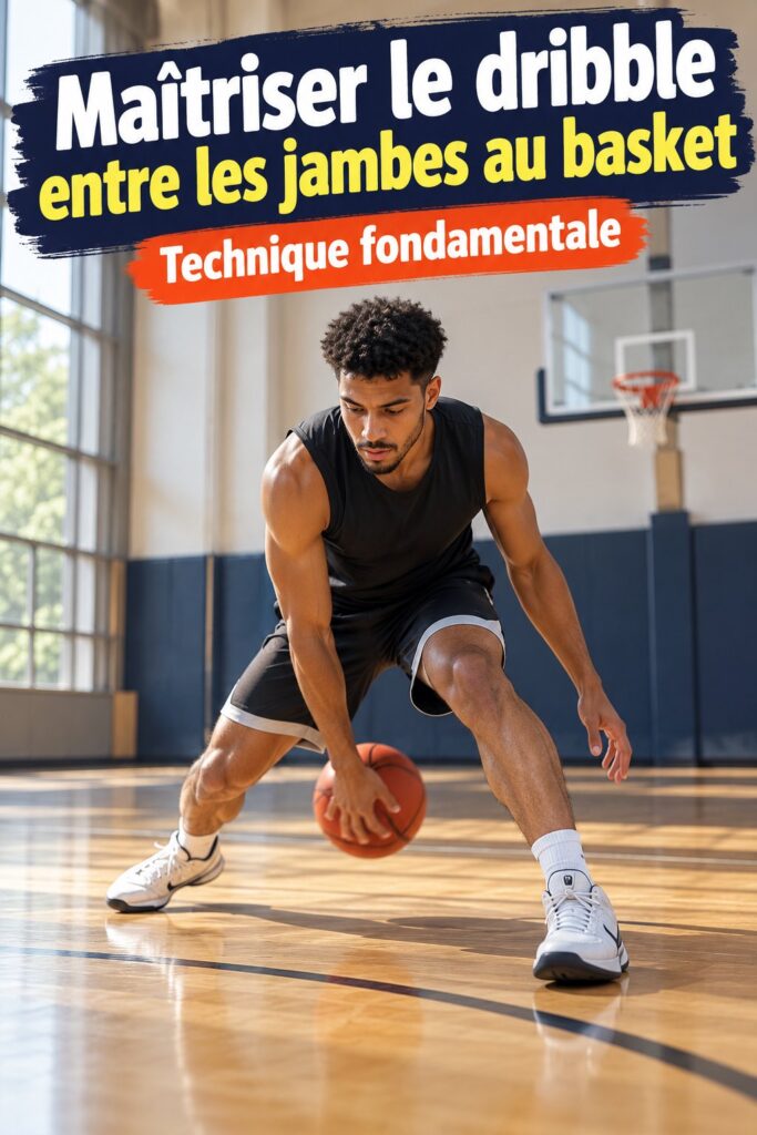 Jeune joueur de basket pratiquant le dribble entre les jambes sur un terrain.