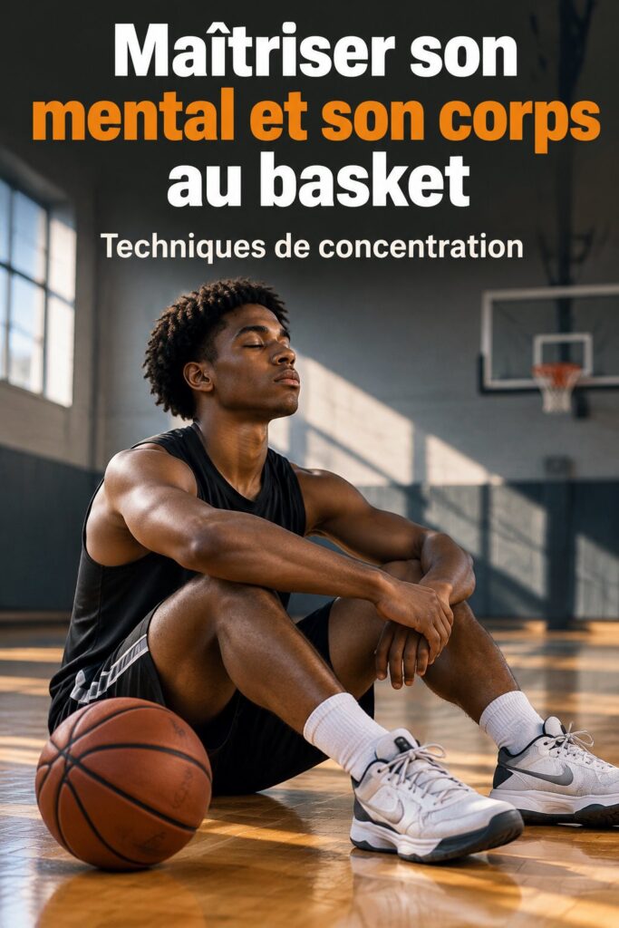 Un joueur de basket concentré, maîtrisant son mental et son corps sur le terrain.