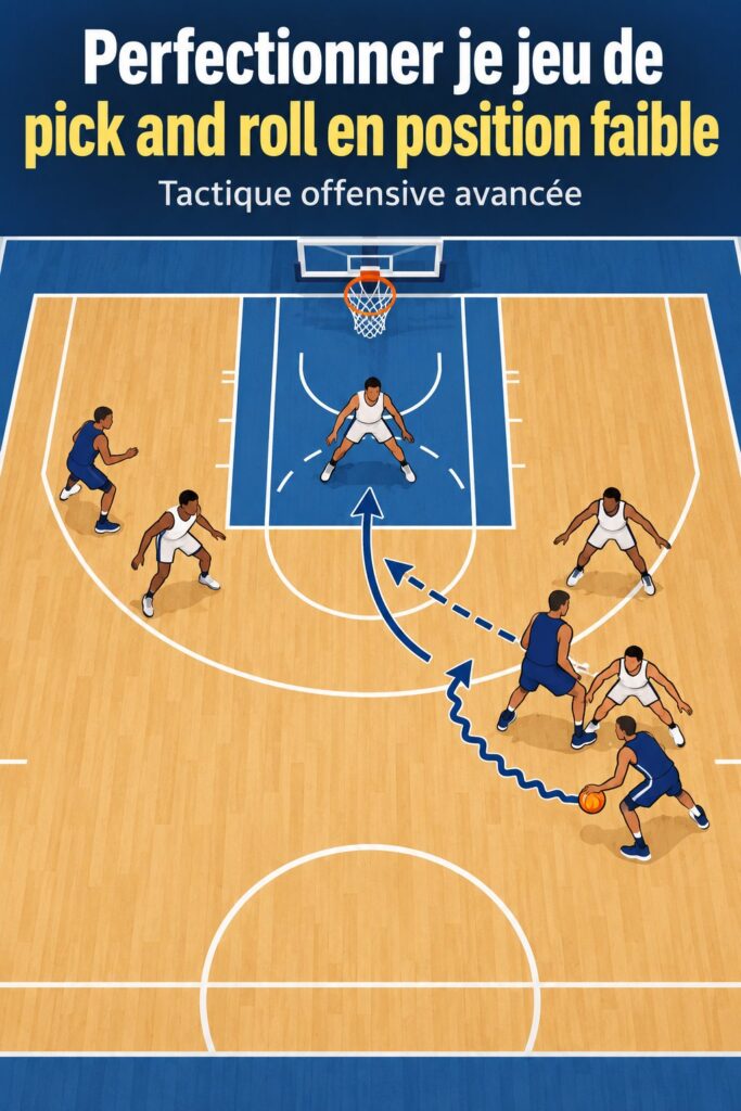 Un joueur de basket en train d'exécuter un pick and roll en position faible, mettant en pratique les techniques apprises.