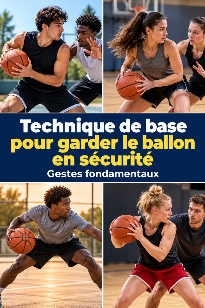 Joueur de basket protégeant le ballon avec le corps sur le terrain.