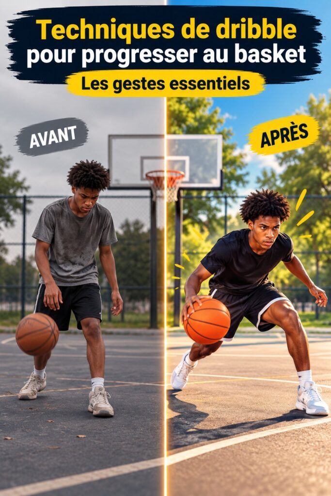 Un joueur de basket dribble avec maîtrise sur le terrain, illustrant les techniques de dribble